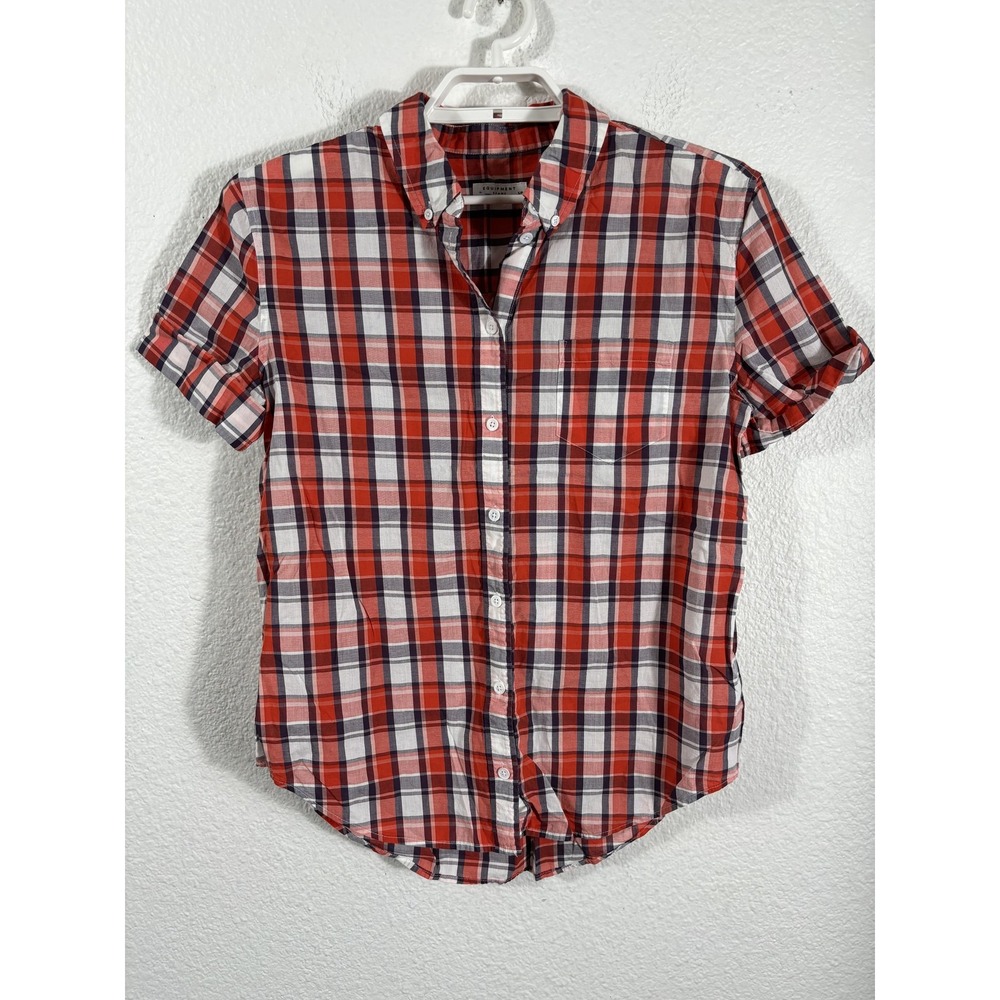 Equipment Femme Shirt Womens Small Orange Blue Plaid Button Down Short Sleeve